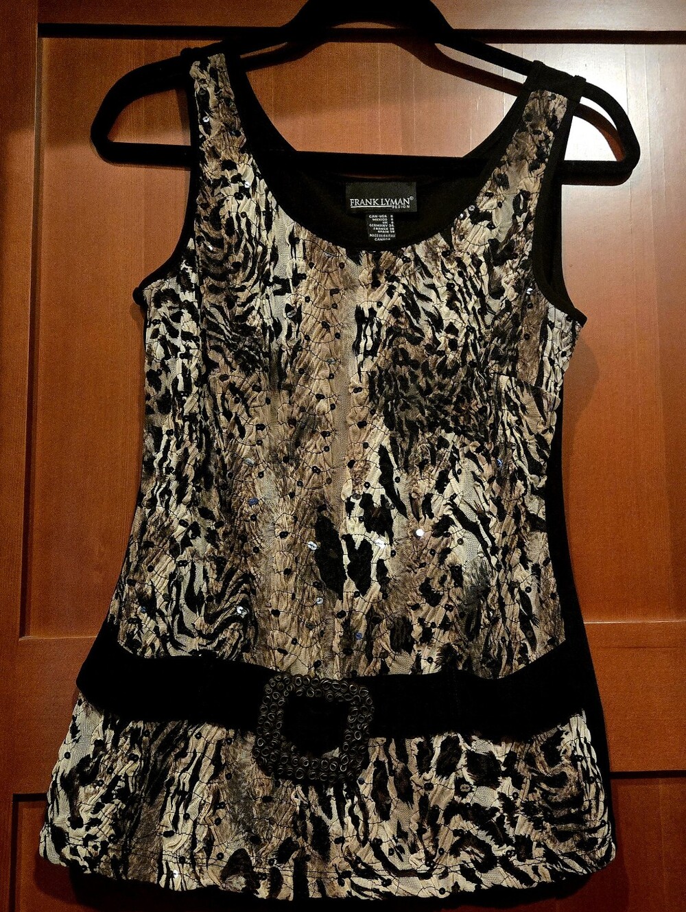 Frank Lyman Design Black and Gold Patterned Tank Top